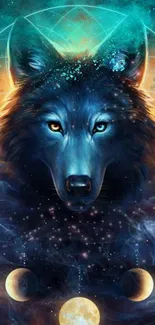 Mystical wolf art with cosmic galaxy elements in dark blue tones.