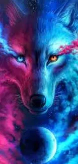 Mystical wolf in a vibrant blue and pink galaxy.