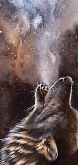 Wolf howling at a starry cosmic sky.