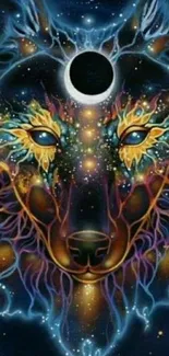 Mystical wolf with galaxy-themed cosmic art.