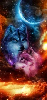 Mystical wolves in a vibrant cosmic galaxy.