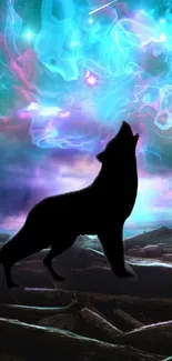 Mystical wolf silhouette against a vibrant galaxy.