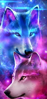 Mystical neon galaxy wallpaper with wolves in purple and blue hues.