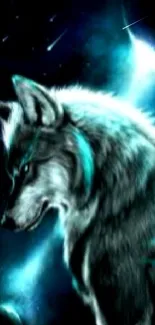 Mystical wolf with galaxy backdrop in teal blue aura.