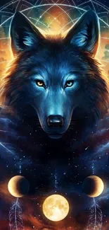 Mystical wolf with galaxy background and lunar phases.