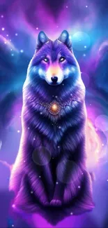 Mystical wolf amidst a vibrant galactic backdrop with violet hues.