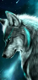 Mystical teal wolf in a galaxy background.