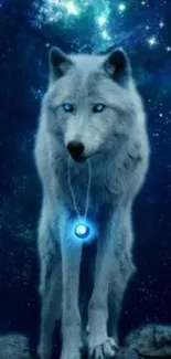 A mystical wolf with glowing eyes under a starry galaxy sky.