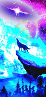 Mystical wolf under a vibrant galaxy sky with blue and purple hues.