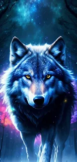 A mystical wolf stands under a cosmic galaxy in this enchanting wallpaper.