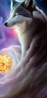 Mystical wolf in galaxy with purple and orange hues, mobile wallpaper.