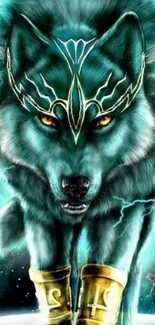 Mystical teal wolf in galaxy with golden accents.