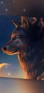 Mystical wolf with galaxy background and starry night sky in a digital artwork.