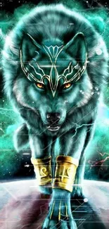 Mystical teal wolf in a cosmic galaxy with glowing eyes and intricate details.