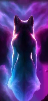 Mystical wolf silhouette in purple galaxy wallpaper.