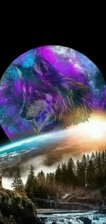 Cosmic wolf with galaxy background and forest scenery.