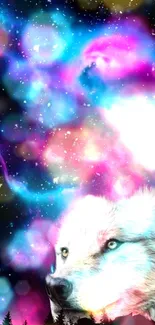 Mystical wolf in a vibrant cosmic galaxy with swirling nebula colors.