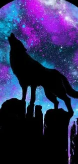 Wolf silhouette in a vibrant galaxy.