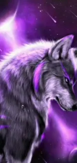 Mystical purple wolf under a cosmic, starry sky.