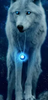 Mystical white wolf with glowing blue eyes and pendant against a starry background.