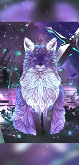 Mystical wolf in purple galaxy background.