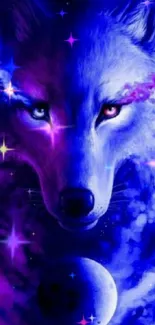 Mystical wolf set against a neon galaxy backdrop with a starry night theme.