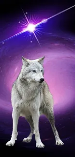 Mystical wolf in a swirling galaxy backdrop with a purple hue.