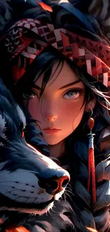 Mystical girl and wolf with vibrant colors in fantasy art wallpaper.