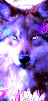 Mystical wolf surrounded by glowing flowers and cosmic swirls in a vibrant wallpaper.