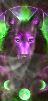 Mystical wolf with purple and green glow in a celestial design.