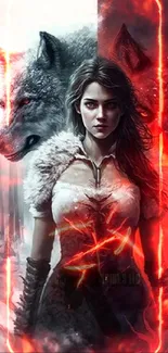 Fantasy art of a female guardian with contrasting wolves in red and gray tones.