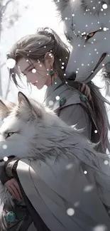 Serene character with mystical wolves in a snowy setting mobile wallpaper.