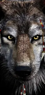 Wolf with tribal decorations on a gray background wallpaper.