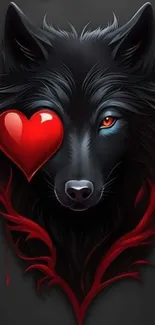 Black wolf with red heart in digital art wallpaper.