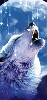 Wolf howling at a luminous full moon with sparkling stars.