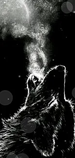 Mystical black and white wolf howling at night sky.