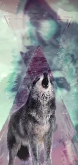 Mystical wolf howling in ethereal colors on a dreamy mobile wallpaper.