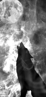 Wolf silhouette against the full moon with smoky shadows.