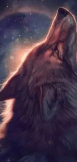 Artistic depiction of a wolf howling against a moonlit sky.