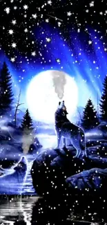 Wolf howling at night under a full moon with stars and serene forest.