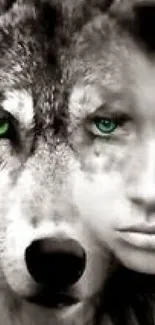 Hybrid face of a wolf and human with striking green eyes.