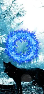 Black wolf in a blue-lit forest with a glowing circle, creating a mystical scene.