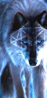 Mystical wolf art with glowing blue cosmic background.