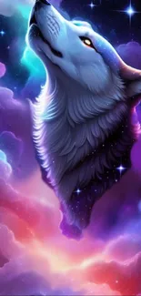 Mystical wolf head against a cosmic, colorful cloud background.