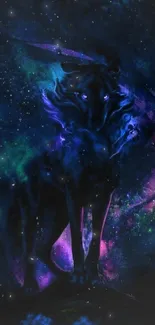 Mystical wolf in cosmic night sky wallpaper.