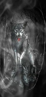 Captivating artwork of a lone wolf in a dark, misty forest with skulls.