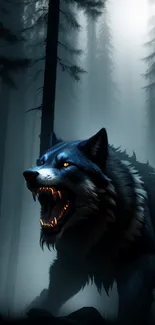 A fierce wolf in a foggy dark forest scene.