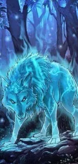 A glowing mystical wolf stands in an enchanted forest, surrounded by blue hues.