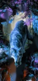 A mystical wolf in an enchanted forest, bathed in blue and purple hues.