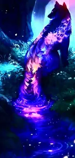 Mystical wolf glowing in cosmic colors within an enchanted forest scene.